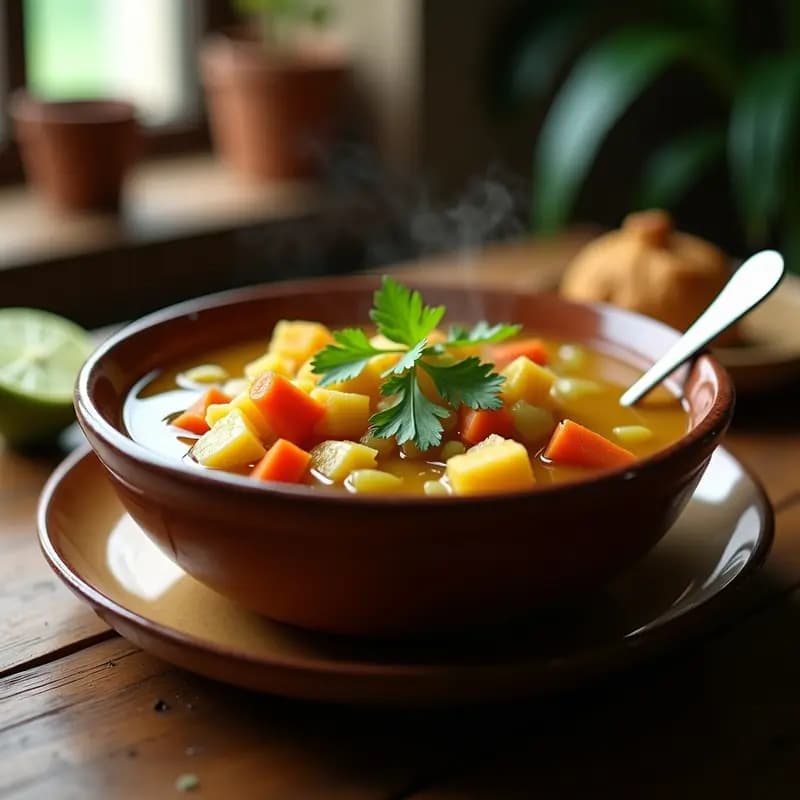 Plato hondo de barro con bouillon cubano vegano, trozos de yuca dorada, zanahoria, cebolla y cilantro fresco, servido con un toque de limón en una mesa rústica de madera.
