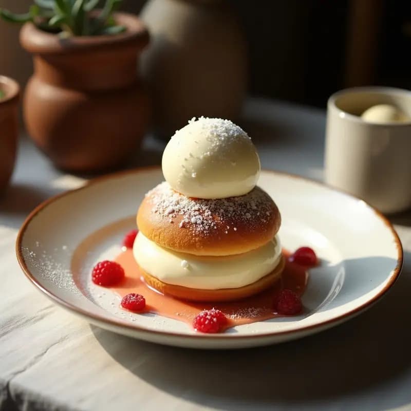 Boule de Neige, postre francés de merengue dorado crujiente con bola de helado de vainilla en el centro, decorado con almendras laminadas caramelizadas sobre un plato blanco elegante.
