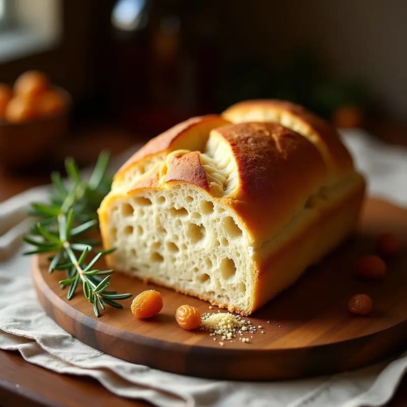 Boule de pan francés dorado con corteza crujiente y miga alveolada, decorado con pasas rubias visibles y un toque de nuez moscada rallada por encima. Receta tradicional sin lactosa.