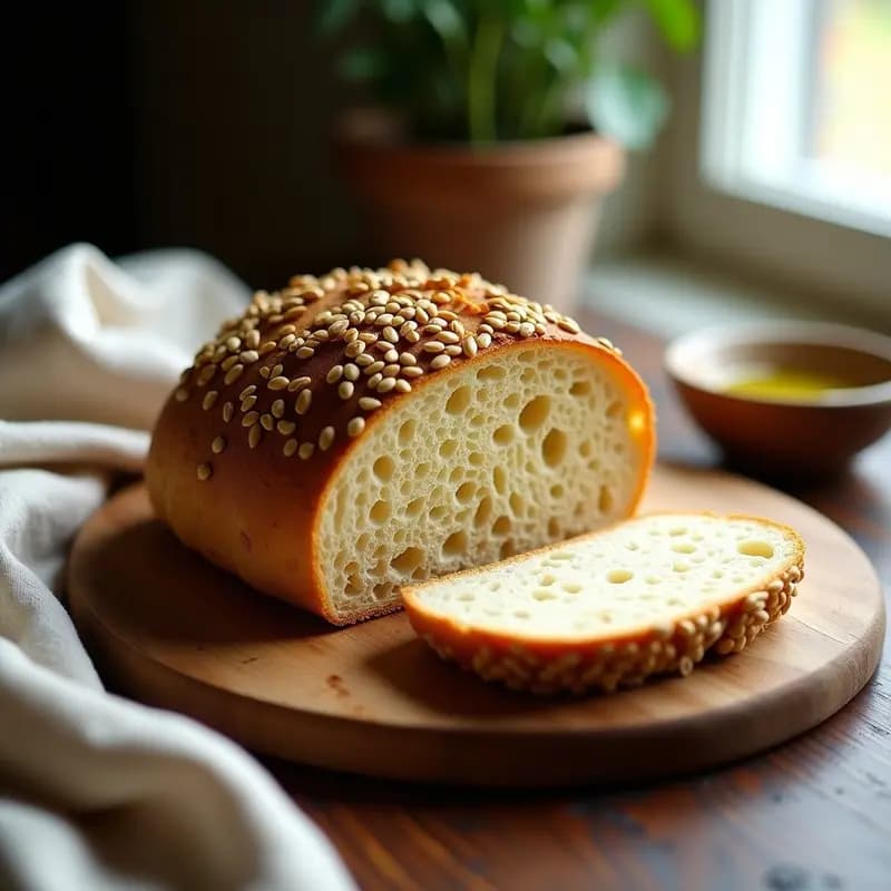 Boule de Pain au Levain con Semillas de Girasol: pan francés artesanal sin gluten, corteza dorada y crujiente, semillas de girasol tostadas en la superficie, miga aireada y esponjosa, servido sobre tabla de madera rústica con fondo borroso.