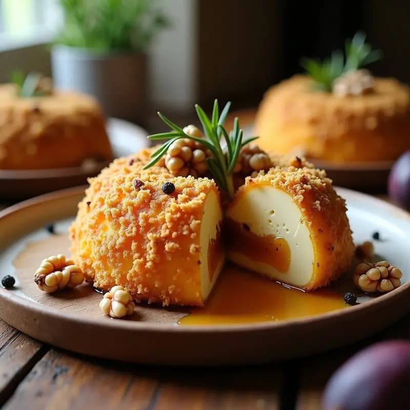 Boule de queso brie y nueces con mermelada de higos servida en plato blanco, decorada con láminas de higo fresco, nueces pecanas y hojas de menta, con vetas doradas de mermelada brillando bajo la luz.