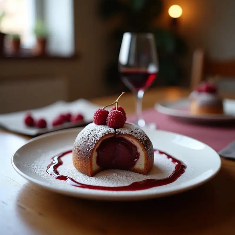 Boule de Suie servida en copa de cristal transparente con helado de vino tinto oscuro y virutas de chocolate negro brillante, decorada con pétalos de rosa comestibles y una pizca de cacao en polvo sobre fondo de madera rústica.