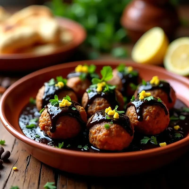 Plato de barro rústico con Boulettes de Cordero doradas, bañadas en una salsa oscura y espesa de aceitunas negras, decoradas con perejil fresco y ralladura de limón confitado. Acompañadas de pan de pita tostado y rodajas de limón al fondo.