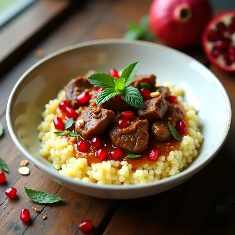 Plato hondo de cerámica blanca con boulgour esponjoso, trozos de cordero estofado en salsa especiada con Ras el Hanout, semillas de granada rojas vibrantes, almendras tostadas y hojas de menta fresca. Receta argelina tradicional.