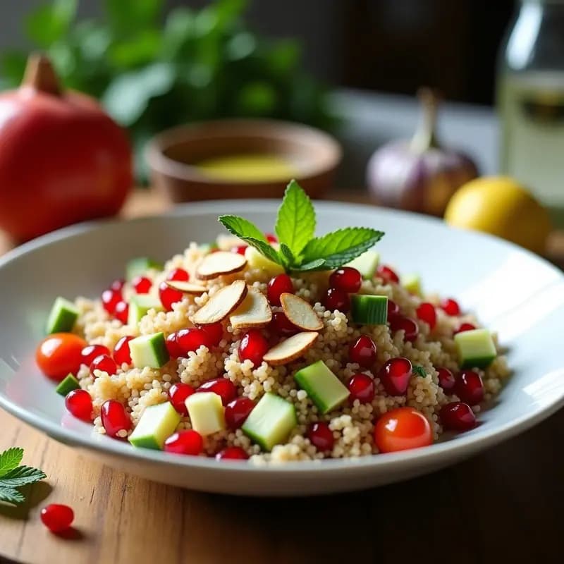Ensalada libanesa de boulgour con semillas de granado rojas brillantes, hojas de menta fresca, cebolla morada, pepino y tomates cherry, servida en un bol de cerámica blanca sobre fondo rústico de madera. Plato colorido, fresco y depurativo.