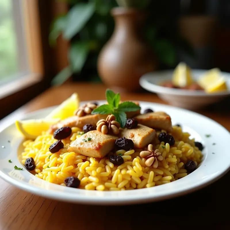 Plato hondo de barro con bountry libanés: arroz basmatí amarillento con trozos de pollo dorado, pasas rubias, almendras fileteadas y nueces tostadas picadas. Decorado con hojas de menta fresca y un toque de azafrán visible.