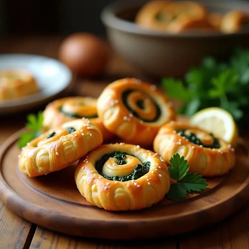 Bourek turco dorado y crujiente en forma de espiral, relleno de espinacas y queso halloumi, sobre una bandeja de madera con semillas de sésamo y perejil fresco. Receta de aperitivo tradicional con hojaldre casero.