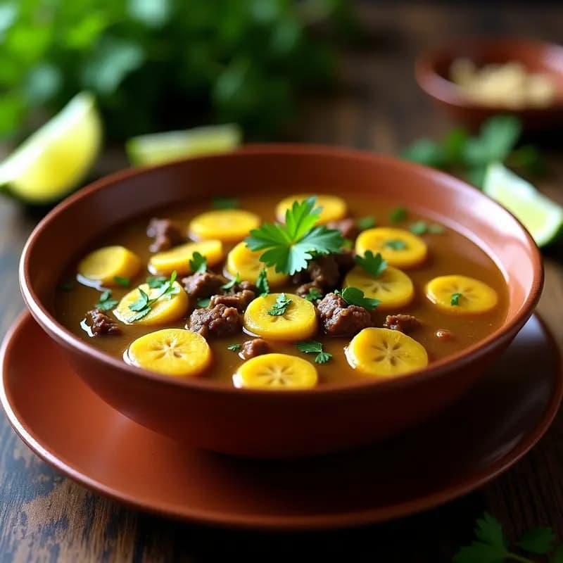 Bouyon Bannann Moun servido en un bol hondo de barro, con trozos de plátano verde cremoso, carne de res desmenuzada, cilantro fresco y rodajas de limón agrio. Plato tradicional haitiano con fondo rústico de madera oscura.