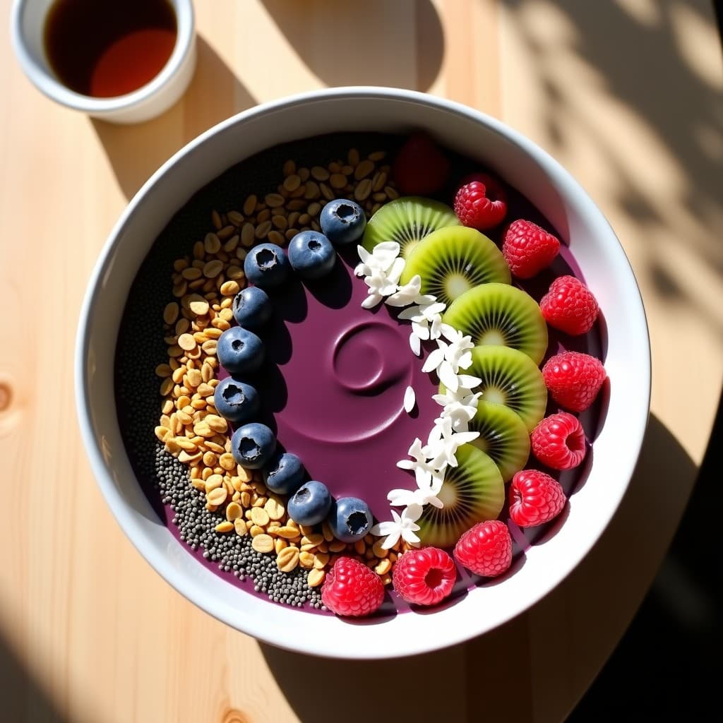 Bowl hondo de cerámica blanca con una base morada intensa de açaí y espirulina, coronado con granola dorada de cúrcuma, arándanos frescos, rodajas de fresa, coco rallado y semillas de chía. Texturas cremosas y crujientes en contraste, con un fondo de madera clara y hojas verdes.
