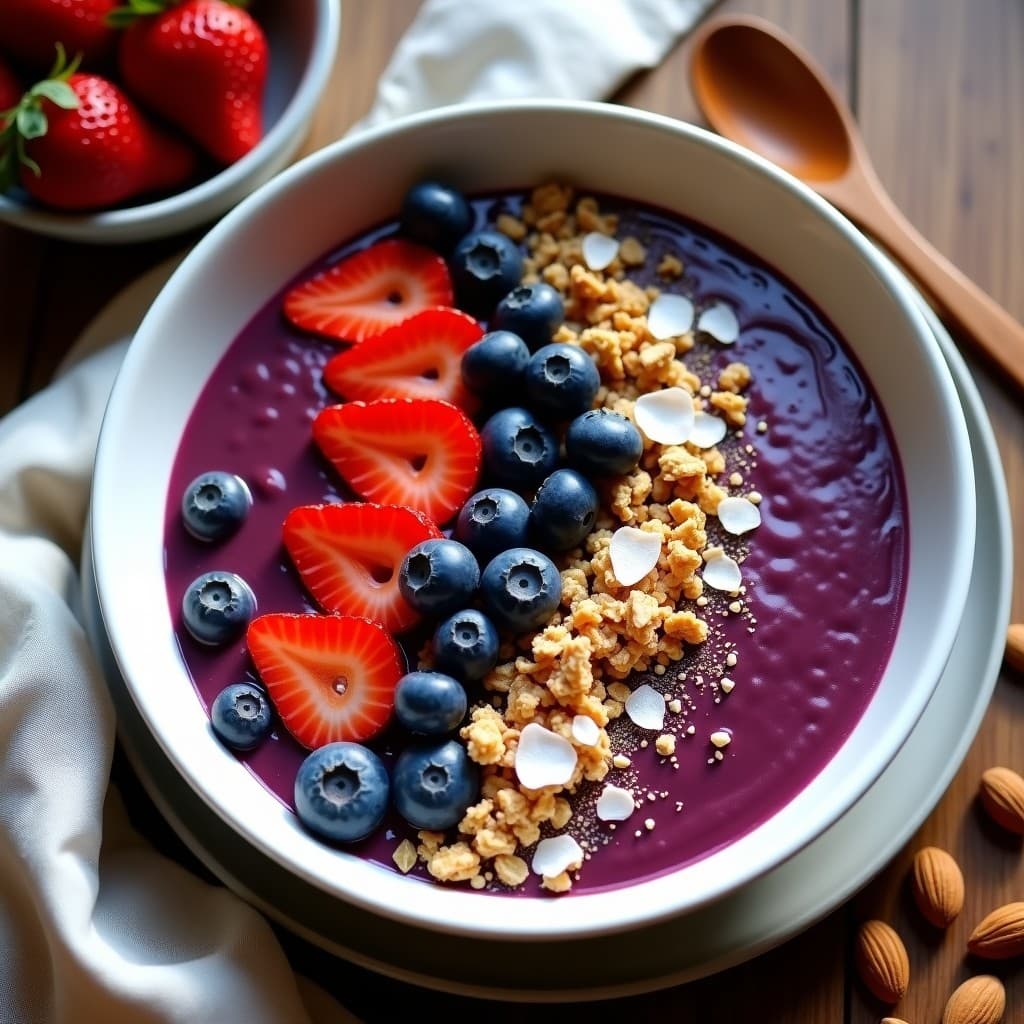 Bowl de açai morado cremoso en un plato hondo de cerámica blanca, decorado con granola dorada de almendras y semillas de chía, arándanos frescos, fresas en trozos y coco rallado. Receta detox y energética para desayuno.