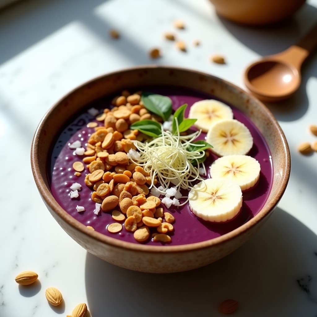 Bowl de açaí cremoso en un plato hondo de cerámica blanca, decorado con granola de cacahuete dorada, rodajas de fresa, arándanos y coco rallado. Desayuno brasileño sin gluten y energético con texturas vibrantes.