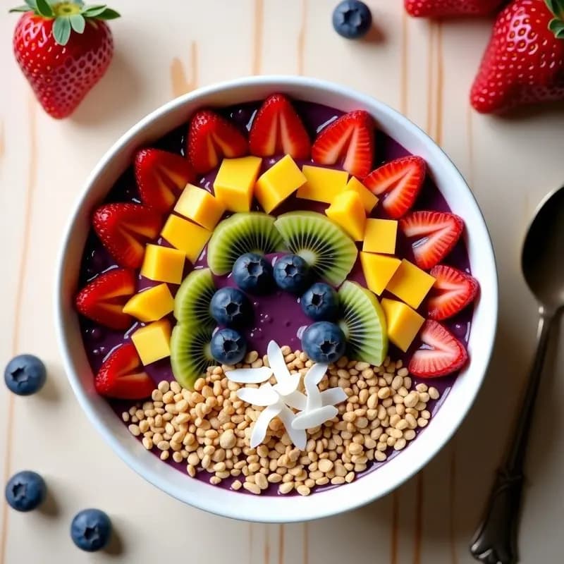 Bowl de Acai con Granola de Semillas de Cáñamo y Frutos Rojos en Forma de Arcoíris