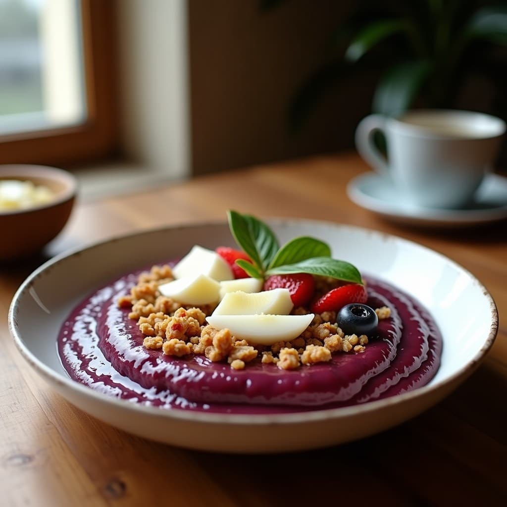 Bowl hondo de cerámica blanca con base morada cremosa de açaí, coronado con granola dorada de coco y almendras, frutos rojos frescos, semillas de chía y hojas de menta. Receta brasileña energizante y sin azúcar.