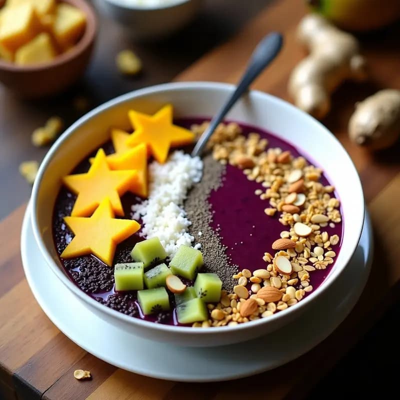 Bowl de açaí detox con base morada cremosa, coronado con granola dorada de almendra, rodajas de carambola amarilla, cubos de kiwi verde, trozos de mangostán blanco y semillas de chía negras. Espolvoreado con coco rallado y espirulina en polvo, servido en un bol de cerámica blanca sobre fondo de madera rústica.