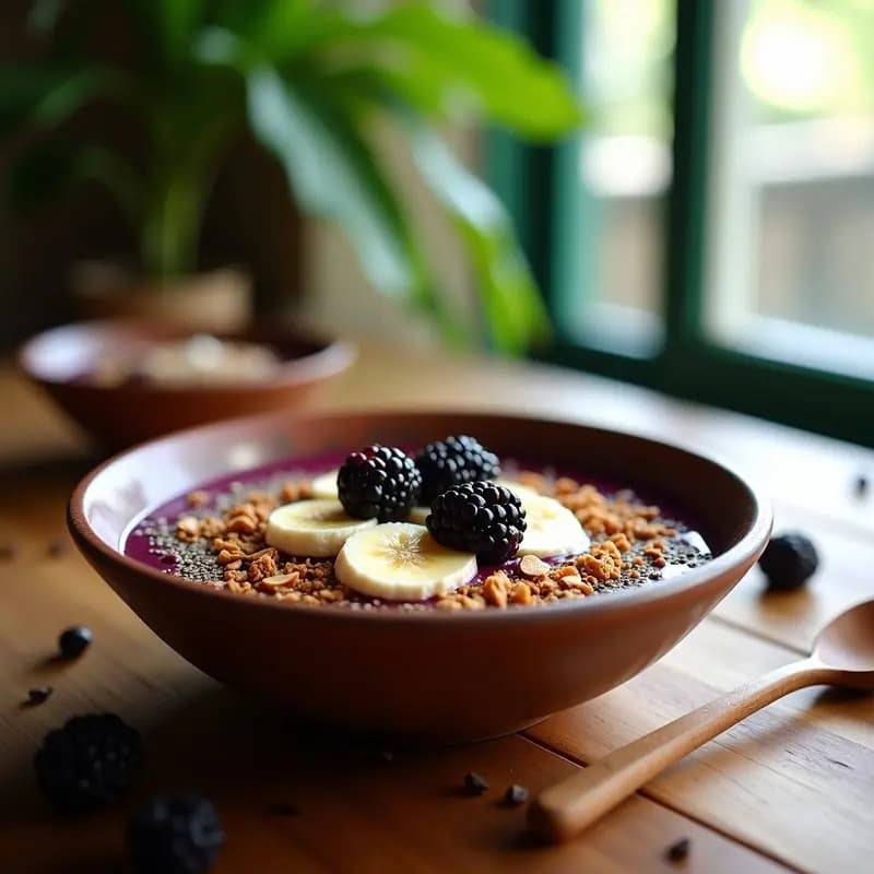 Bowl de açaí y moras con granola de cacao servido en un cuenco de barro, con capas de açaí cremoso, moras frescas, rodajas de plátano, granola crujiente de cacao y semillas de chía, decorado con coco rallado y un hilo de miel de agave.