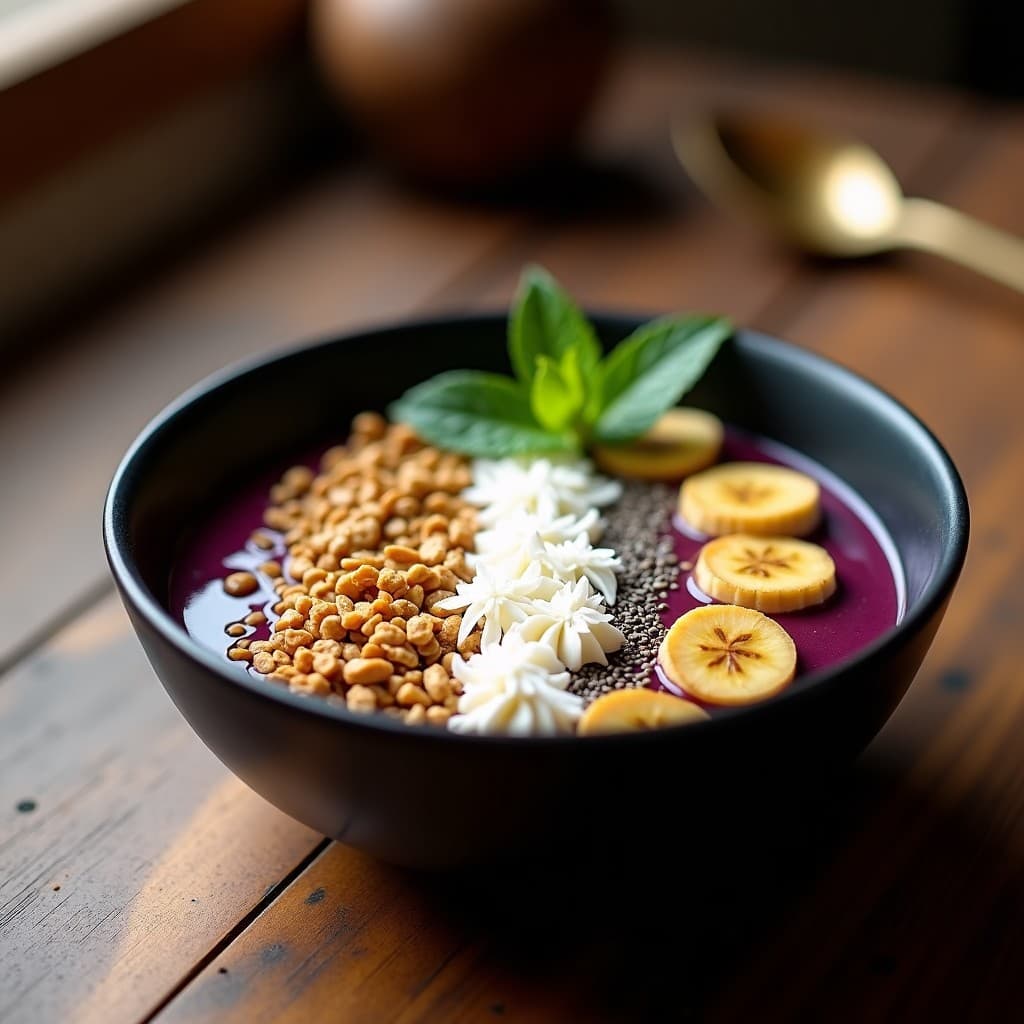 Bowl de açaí morado intenso en un plato hondo blanco, cubierto con rodajas doradas de plátano asado, manteca de cacahuete derretida, coco rallado y hojas de menta fresca. Desayuno brasileño energético y sin azúcar.