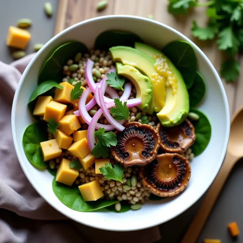 Bowl de cerámica blanca con base de espinacas baby, amaranto cocido, champiñones portobello asados en láminas, aguacate en cubos, cebolla morada en juliana, semillas de calabaza y cilantro fresco. Aderezo cremoso de tahini y ají amarillo vertido encima. Plato colorido y nutritivo, típico de la cocina andina alta en proteína.