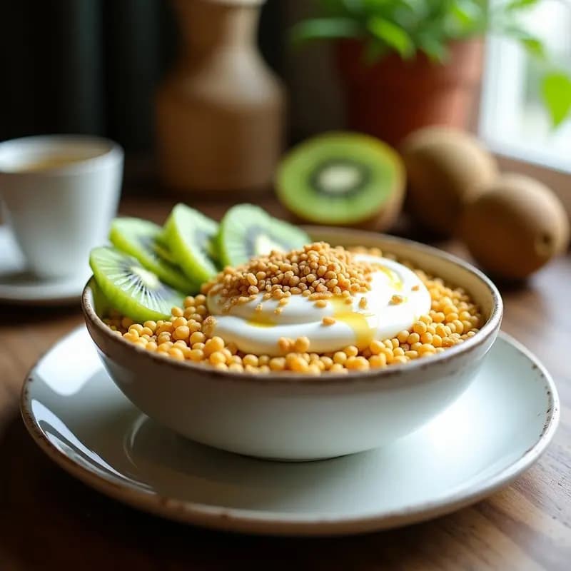 Bowl colorido con base de amaranto inflado crujiente, cubierto de yogur de soja cremoso, rodajas de kiwi verde brillante, semillas de amaranto doradas y un hilo de miel. Desayuno peruano alto en fibra, servido en un plato blanco rústico sobre una mesa de madera con luz natural.