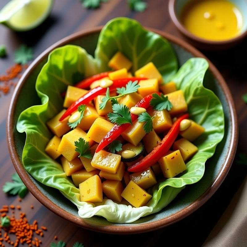 Bowl colorido con base de lechuga romana, cubos de añú cocido, zanahoria, calabacín y pimiento rojo asados con especias de curry, bañados en salsa de huancaina vegana cremosa y decorados con cilantro fresco.
