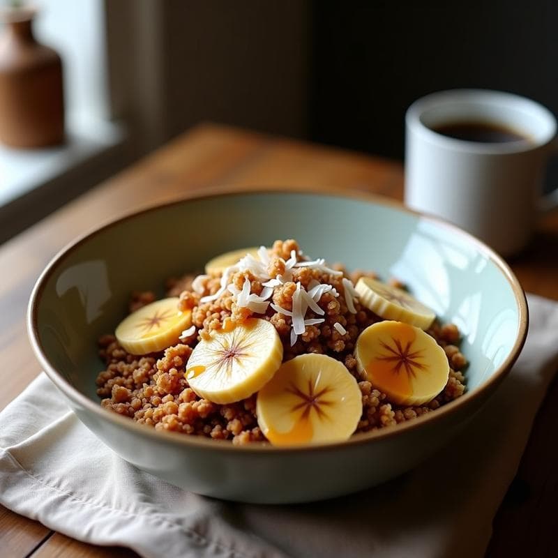Bowl hondo de cerámica blanca con capas de yogur natural, arequipe cremoso, rodajas de plátano macho asado dorado y granola de coco y chía crujiente. Decorado con nueces picadas y un toque de canela. Desayuno colombiano tradicional y apetitoso.