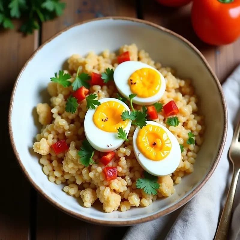 Bowl hondo de cerámica blanca con arroz de coliflor dorado, huevos de codorniz fritos con yema líquida, salsa de cacahuete cremosa y perejil fresco picado. Plato colorido y apetecible, ideal para desayuno o cena keto.