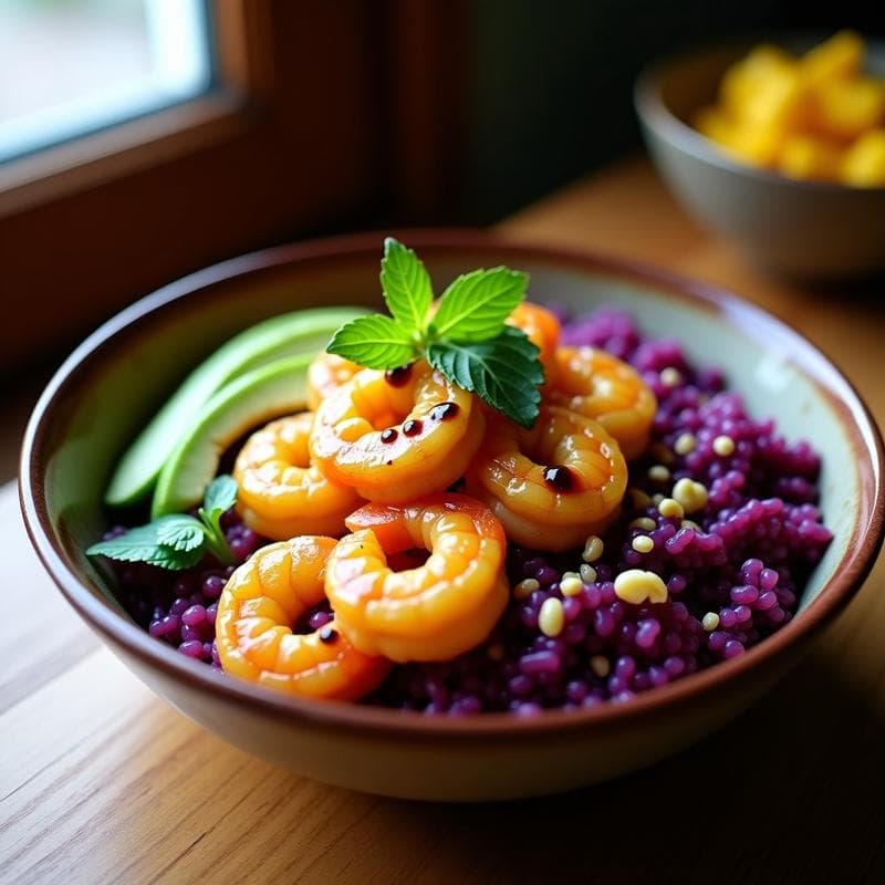 Bowl colorido con arroz púrpura como base, camarones al ají amarillo bañados en salsa cremosa de yogur, espinacas baby, aguacate en rodajas, cilantro fresco y semillas de sésamo tostadas. Plato vibrante de cocina peruana alta en proteína.