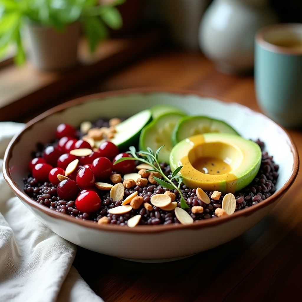 Bowl colorido con arroz salvaje oscuro, arándanos rojos brillantes, aguacate en láminas verdes, pepino en cubos y almendras doradas, bañado en una vinaigrette dorada y brillante. Plato de desayuno detox y antioxidante sobre fondo rústico de madera.