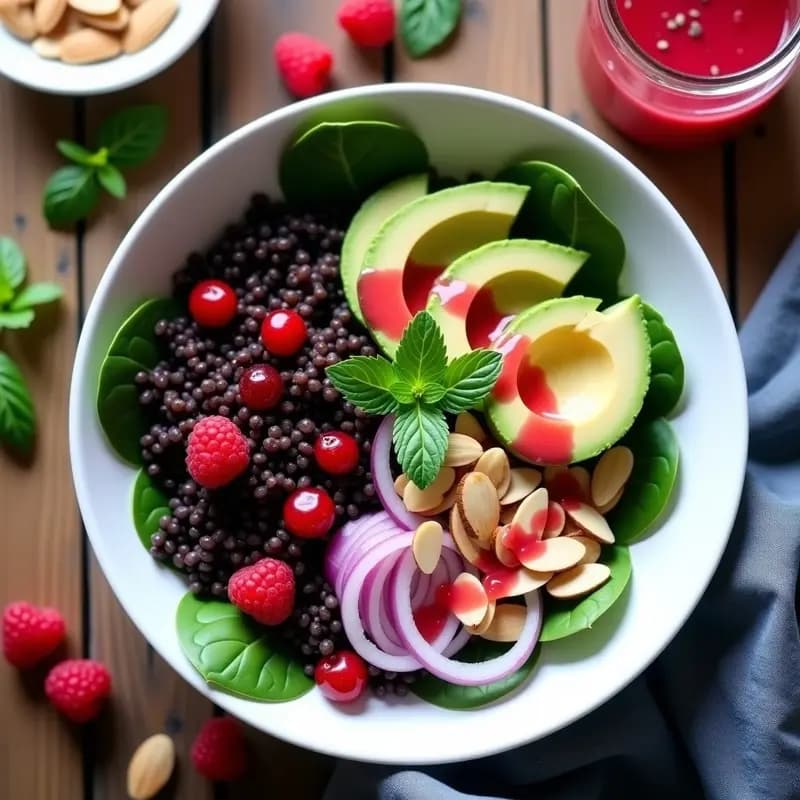 Bowl colorido con arroz salvaje negro, espinacas verdes, arándanos rojos, aguacate crema, cebolla morada y almendras doradas, bañado en vinagreta de frambuesa rosa. Ensalada canadiense antioxidante con capas visuales perfectas para redes sociales.