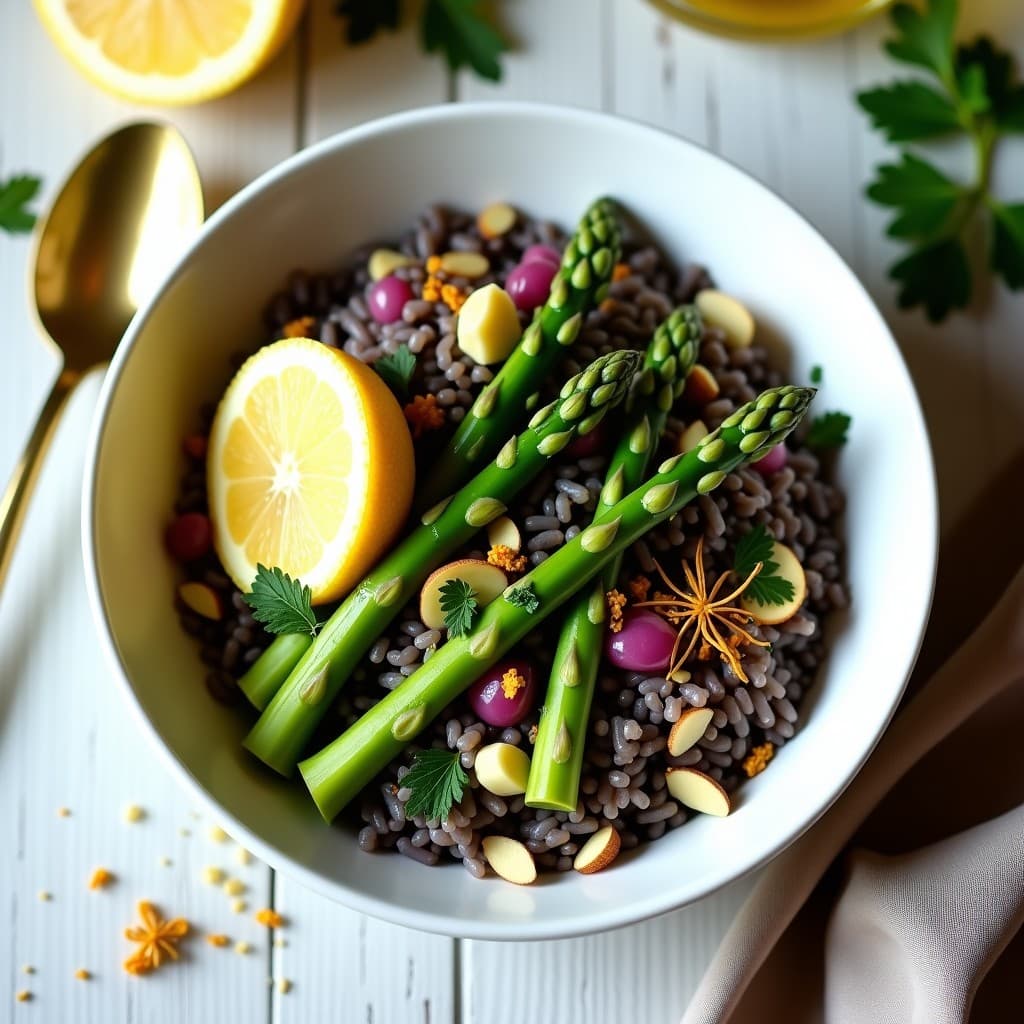 Bowl de arroz salvaje de color oscuro mezclado con espárragos verdes al vapor, cebolla morada, pistachos y pasas, bañado en una vinagreta dorada de limón y azafrán, decorado con hojas de menta fresca sobre un plato de cerámica blanca.