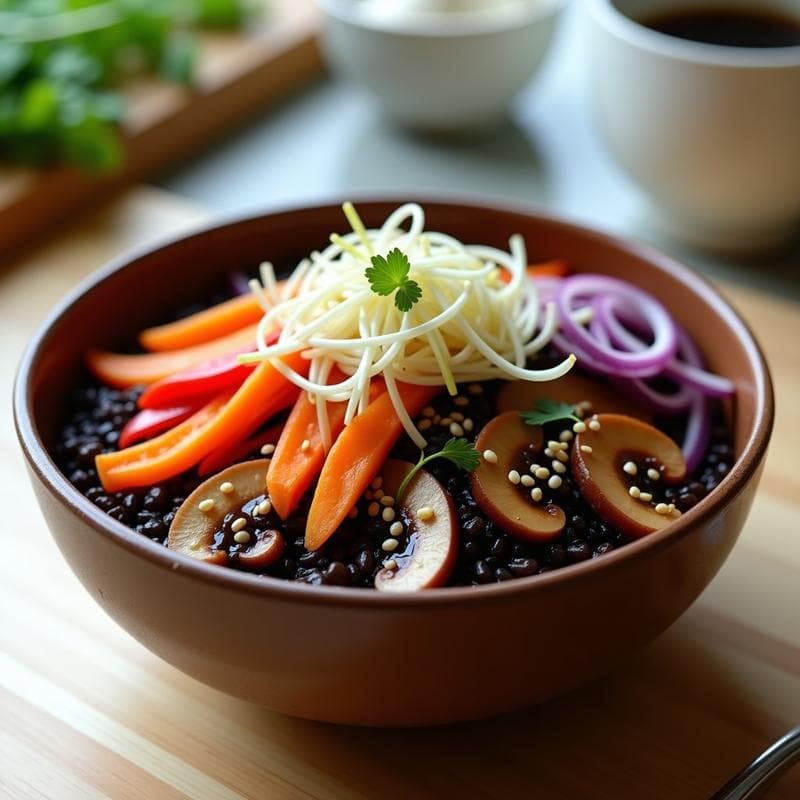 Bowl de arroz salvaje oscuro mezclado con hongos shitake dorados, cebolla morada, zanahoria y pimiento rojo, bañado en salsa de tamari y decorado con brotes de soja y semillas de sésamo tostadas. Plato servido en un bol de cerámica blanca sobre fondo rústico de madera.