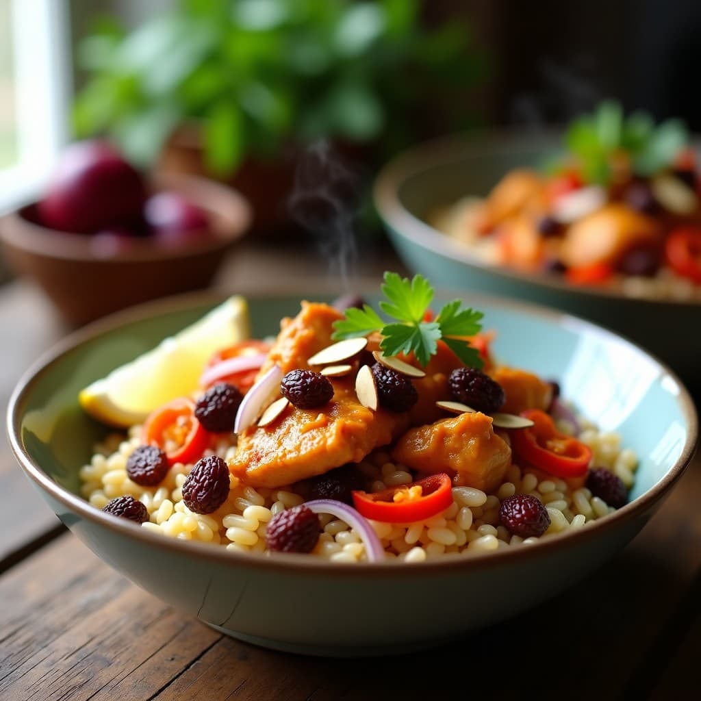 Bowl colorido con arroz salvaje oscuro en la base, pollo dorado en trozos con salsa de curry rojo, uvas pasas dispersas, cebolla morada y pimiento rojo salteados. Decorado con almendras fileteadas, cilantro fresco y gajos de limón al lado.