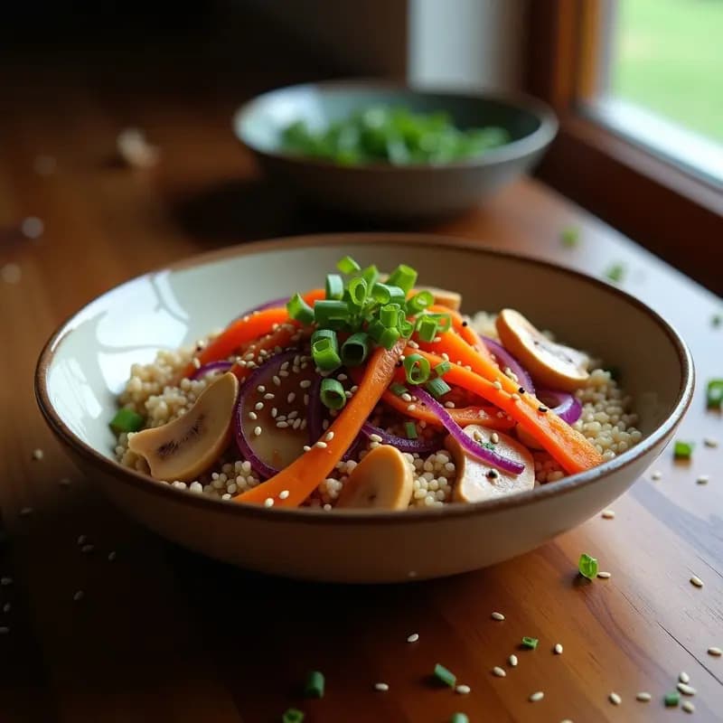 Bowl de arroz salvaje oscuro mezclado con arroz blanco, acompañado de setas shitake doradas, cebolla morada, zanahoria y pimiento rojo salteados. Todo bañado en una salsa de soja reducida brillante y decorado con semillas de sésamo y cebollino fresco.
