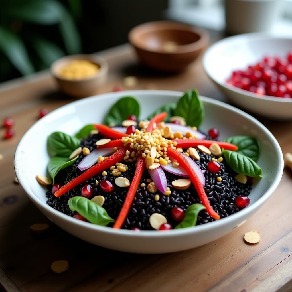 Bowl de arroz venere negro con espinacas frescas, granos de granada rojos brillantes, cebolla morada y pimiento asado, coronado con semillas de sésamo y almendras laminadas. El plato se acompaña de un aderezo dorado de vinagre de pomelo, servido en un bol de cerámica blanca sobre una mesa de madera rústica.