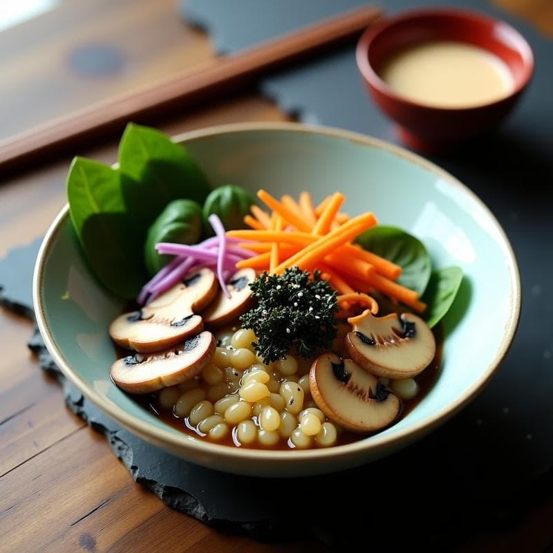 Bowl japonés de arrurruz gelatinoso con champiñones shiitake dorados, espinacas baby, zanahoria y cebolla morada en juliana, decorado con semillas de sésamo negro y algas nori, acompañado de aderezo de sésamo cremoso. Plato colorido y saludable para tupper.