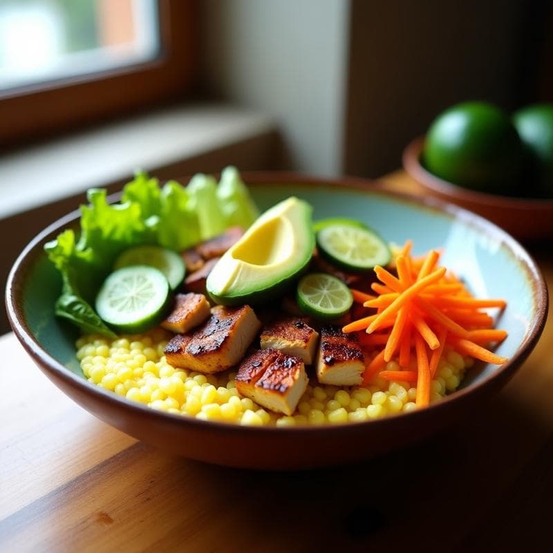 Bowl colorido con base cremosa de arrurruz, tiras de pollo dorado al ají panca, aguacate en cubos, zanahoria juliana, pepino en rodajas y hojas de lechuga romana. Plato típico peruano sin gluten y alto en proteína.