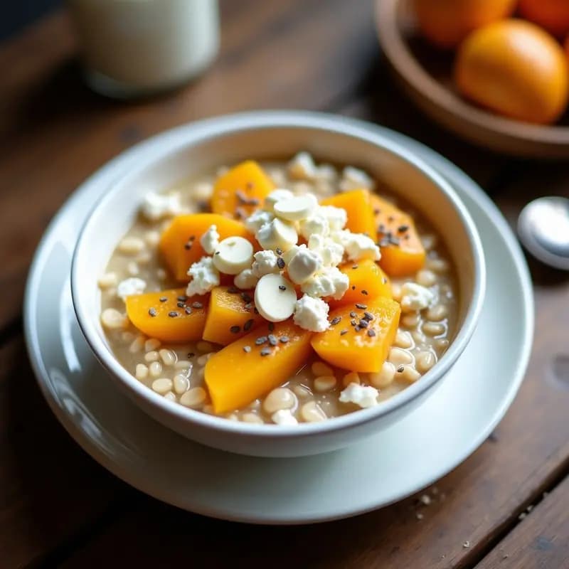 Bowl de desayuno colombiano con avena cremosa, compota de guayaba dorada, queso fresco desmenuzado, semillas de chía, nueces picadas y coco rallado, servido en un plato de barro rústico con fondo de madera.