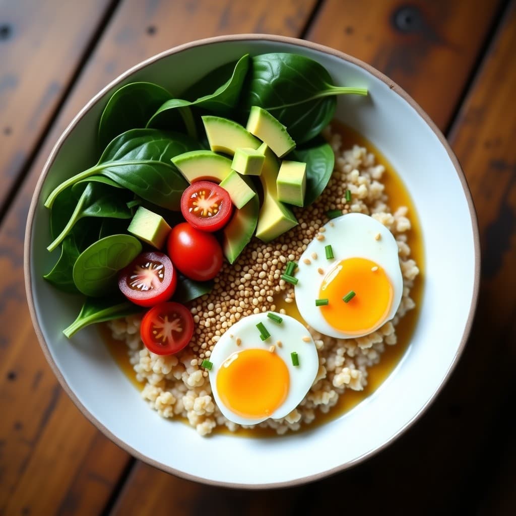 Bowl hondo de cerámica blanca con avena salada cremosa como base, cubierto de espinacas frescas, tomates cherry rojos, cubos de aguacate verde y dos huevos pochados con yema líquida. Decorado con semillas de sésamo tostadas y cebollino picado, con un aderezo dorado de aceite y salsa de soja. Receta de meal prep alta en proteína.