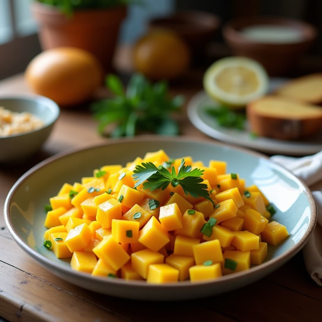 Bowl colorido con base de espinacas baby, garbanzos, cubos dorados de batata amarilla asada y aderezo cremoso de mango y jalapeño, decorado con semillas de calabaza. Plato vegano, colombiano y picante, servido en un bol de cerámica blanca sobre fondo rústico de madera.