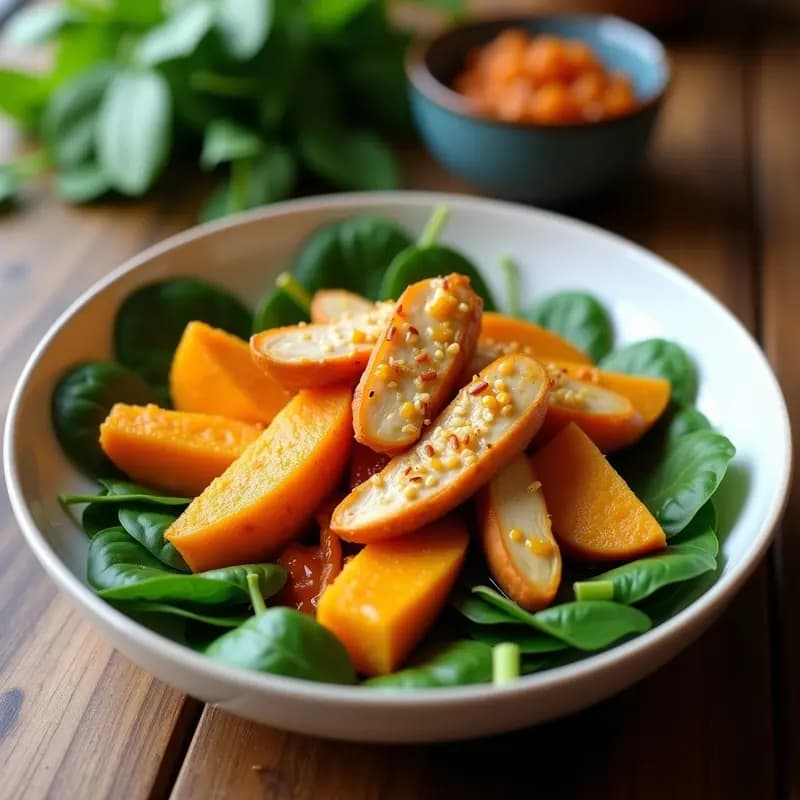 Bowl de cerámica blanca con batata amarilla asada en cubos, pollo al curry dorado, espinacas verdes salteadas y huevo pochado en el centro, decorado con semillas de sésamo y cilantro fresco. Receta peruana alta en hierro.
