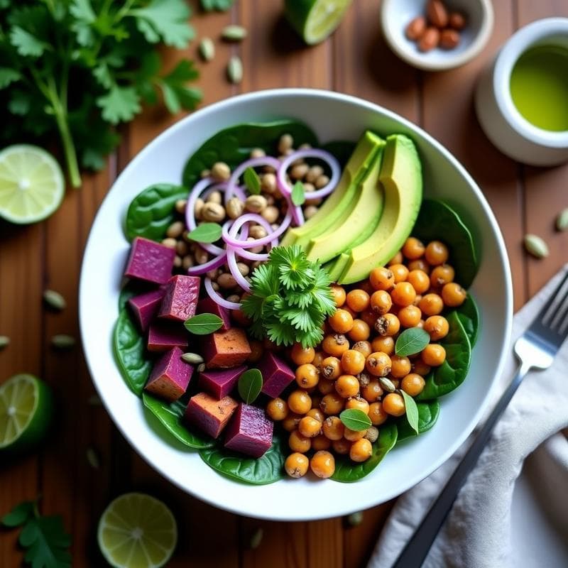 Bowl colorido con base de espinacas baby, cubos de batata morada asada, garbanzos dorados y crujientes, cebolla morada en juliana, semillas de calabaza y vinagreta de lima y cilantro. Plato vegano alto en hierro y vitamina C, servido en un bol de cerámica blanca sobre fondo rústico.