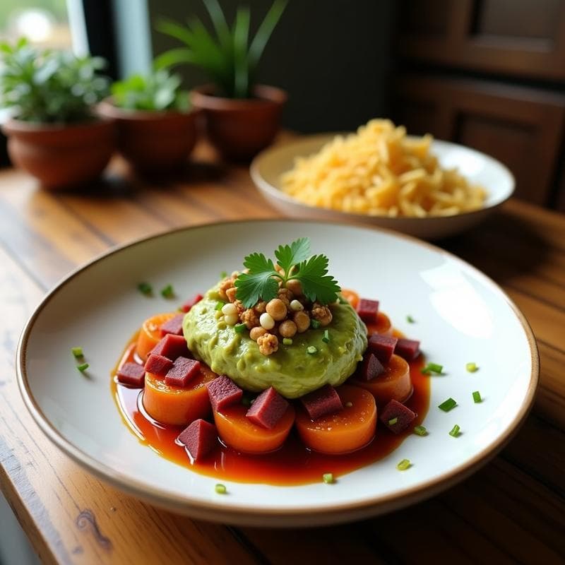 Bowl colorido con cubos de batata morada asada, guacamole cremoso, tomates perla cortados y semillas de calabaza tostadas espolvoreadas por encima. Plato saludable, sin gluten y de inspiración peruana.