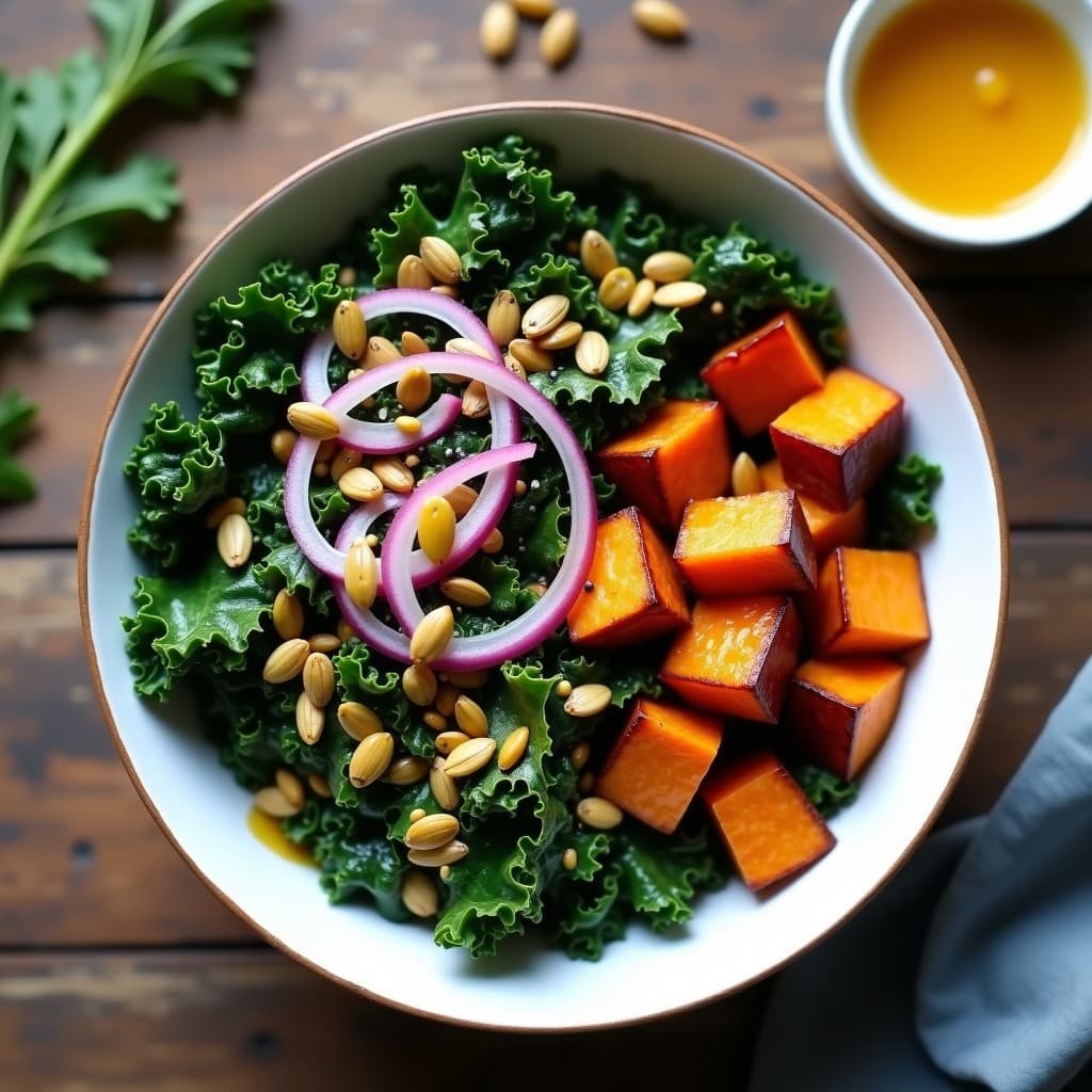 Bowl colorido de batata morada asada en cubos dorados, kale fresco masajeado, cebolla morada en juliana, pépitas de calabaza y semillas de sésamo negro, bañado con aderezo cremoso de mostaza y miel. Receta americana vegana servida en un bol de cerámica blanca sobre fondo rústico de madera.