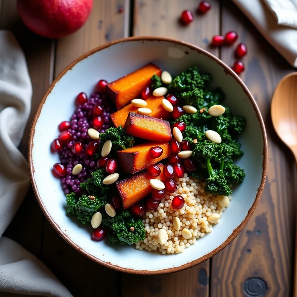 Bowl colorido con base de quinoa, cubos dorados de batata morada asada, kale verde oscuro en tiras, granos rojos de granada esparcidos, semillas de calabaza y anacardos tostados. Aderezo brillante de jengibre y miel de agave sobre un fondo rústico de madera.