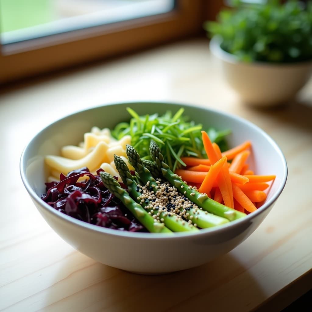 Bowl blanco con brotes de bambú en rodajas, espárragos trigueros salteados, zanahoria morada en juliana y algas wakame, decorado con semillas de sésamo negro y cebollino. Vinagreta de sésamo y limón vertida por encima, con un fondo de madera clara.