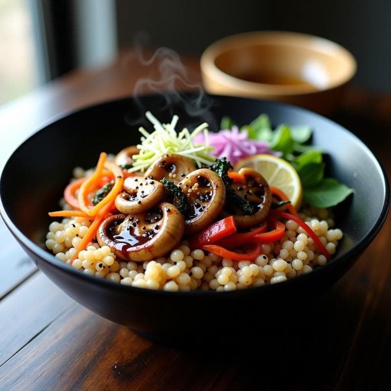 Bowl hondo de cerámica negra con base de alforfón toastado, hongos ostra glaseados con salsa teriyaki vegana, cebolla morada, zanahoria rallada, espinacas baby, aguacate en cubos y semillas de sésamo. Plato colorido y saludable de cocina japonesa sin gluten.