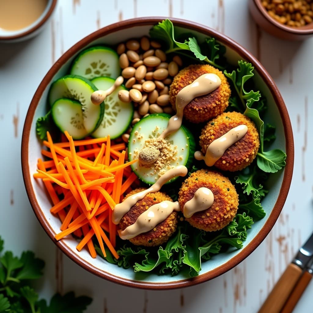 Bowl de buddha vegano sin gluten con falafel dorado de lentejas pimentón ahumado, col rizada masajeada verde oscuro, zanahoria naranja en juliana, pepino fresco y semillas de girasol tostadas, bañado en aderezo cremoso de tahini con comino. Plato colorido y equilibrado sobre fondo rústico de madera.