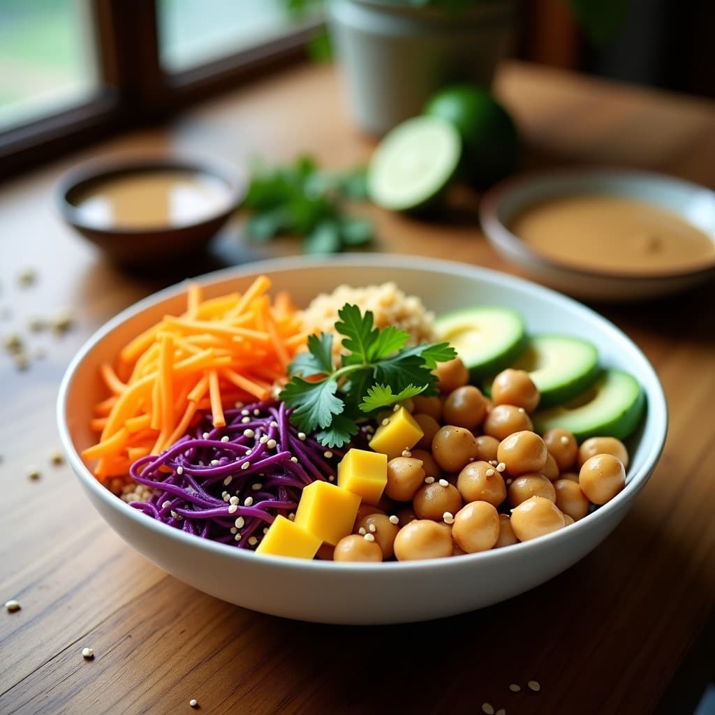 Bowl de Buddha colorido con capas de quinoa, garbanzos, zanahoria rallada, repollo morado, pepino, aguacate y mango, cubierto con una cremosa salsa de cacahuete y decorado con semillas de sésamo y cilantro fresco. Receta vegana alta en fibra.