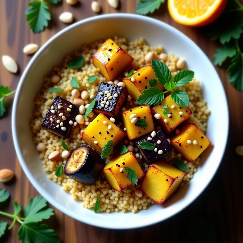 Bowl de bulgur dorado con berenjena asada en cubos, cebolla morada y pimiento rojo salteados, espinacas frescas, almendras tostadas y aderezo amarillo de granadilla. Receta turca vegana colorida y apetecible.