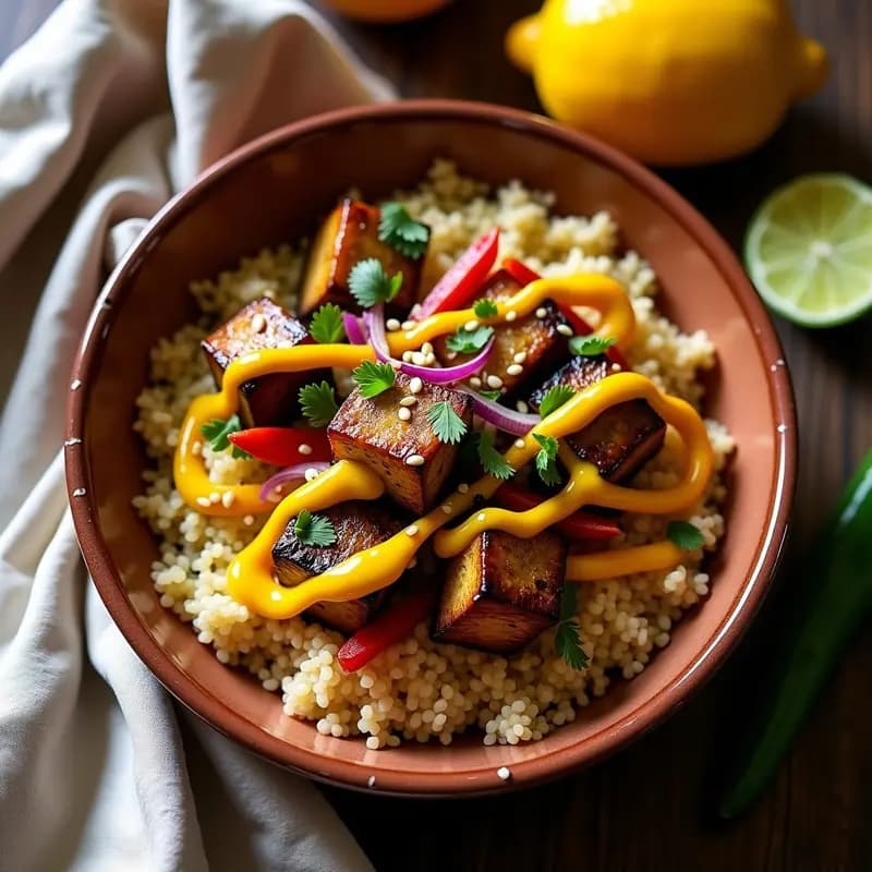 Bowl colorido con base de bulgur dorado, berenjenas asadas en cubos dorados, cebolla morada y pimiento rojo salteados, cubierto con salsa amarilla de granadilla y decorado con perejil fresco y semillas de sésamo. Receta vegana turco-peruana.