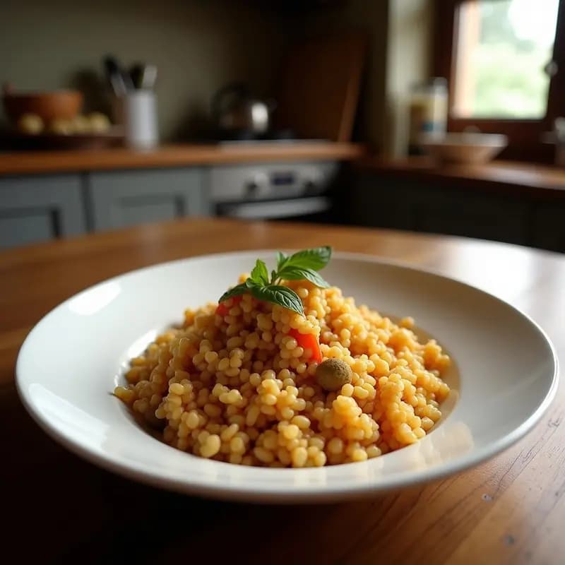 Bowl colorido de bulgur de trigo verde con granos de granada rojos, hinojo crudo en juliana, tomates perla y pepino, decorado con hojas de menta y perejil, servido en un plato blanco rústico con aderezo de limón y especias.